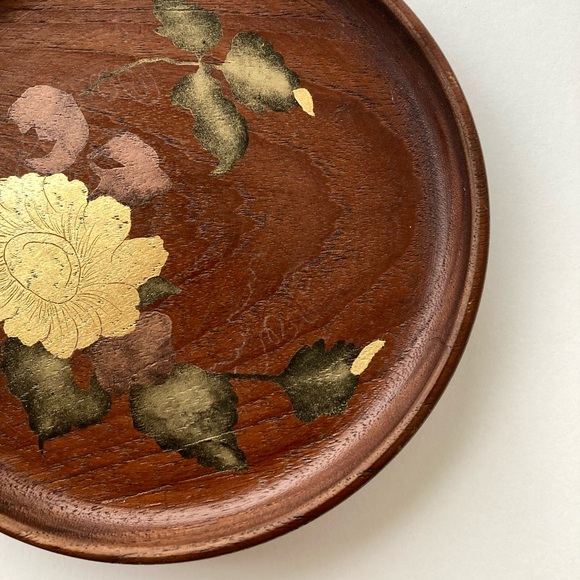 kay bojesen denmark teak mid century round plate dish hand painted golden rose - Picture 4 of 9